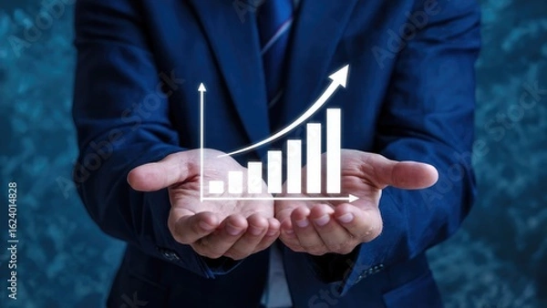 Fototapeta Man's hands presenting a glowing financial growth chart with upward trend arrow