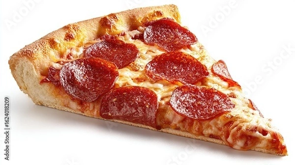 Fototapeta A single, delicious slice of pepperoni pizza, showcasing melted cheese, crispy crust, and savory pepperoni slices against a stark white background