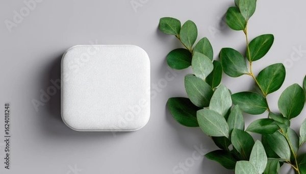 Obraz A white, square, textured cosmetic compact sits beside a sprig of eucalyptus leaves on a gray background