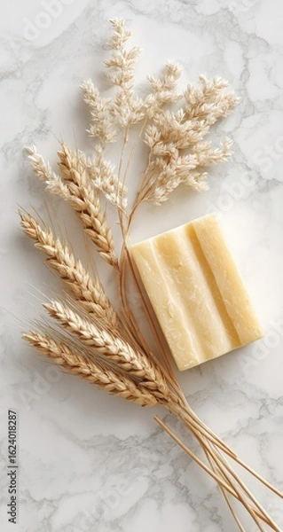 Obraz Pale yellow soap bar rests beside beige wheat stalks on a marble surface; minimalist, natural aesthetic