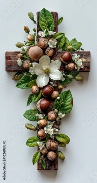 Obraz Rustic wooden cross adorned with lush green leaves, delicate white blossoms, and brown seed pods, arranged artfully