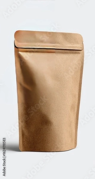 Fototapeta A standing, light-brown, resealable foil pouch with a slightly wrinkled surface and a dark-colored zipper closure, set against a plain white backdrop