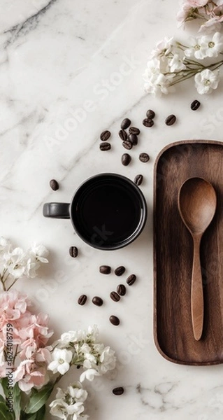 Obraz Flatlay of coffee cup, beans, flowers, and wooden spoon on marble
