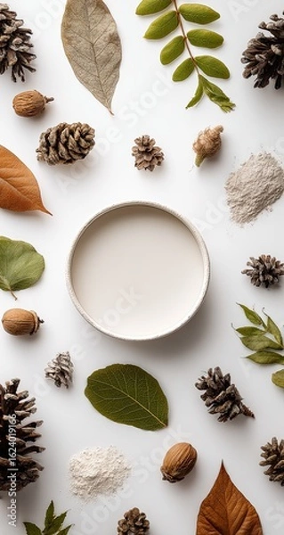 Obraz A minimalist flatlay featuring a blank white bowl surrounded by autumn leaves, pine cones, nuts, and powder