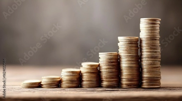 Fototapeta Financial Growth Visualization with Stacked Coin Progression in Macro Composition
