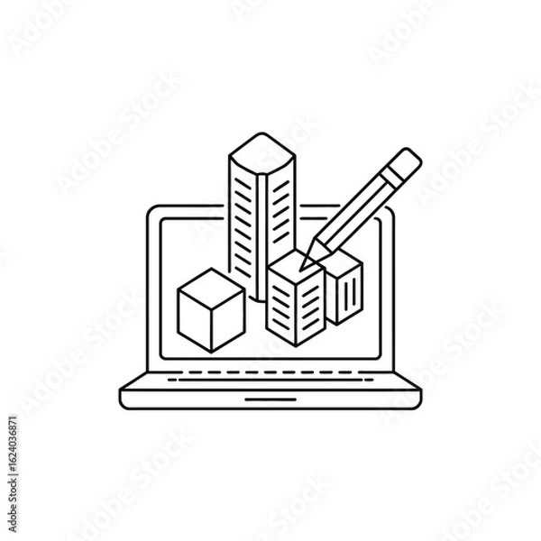 Fototapeta 3d modeling and design on a laptop with a pencil