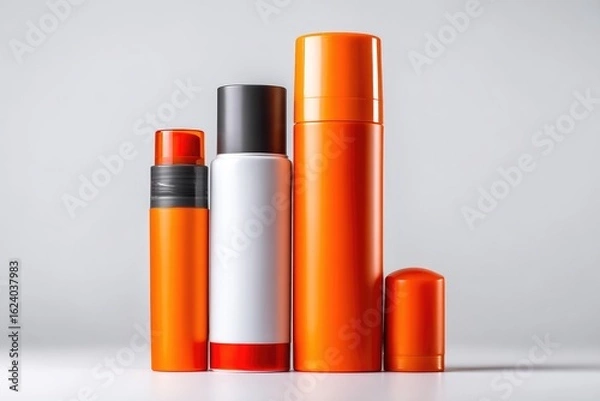 Obraz Three orange cosmetic containers, different sizes, on a light gray background