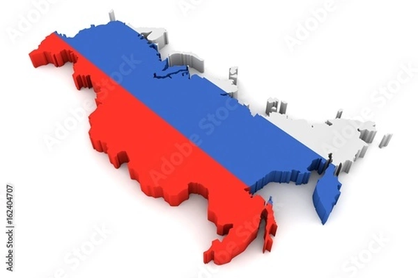 Fototapeta 3D Karte von Russland mit Flagge vor weißem Hintergrund