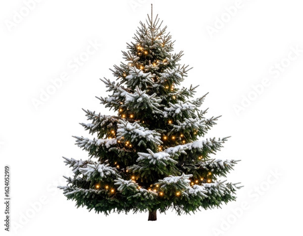 Fototapeta Outdoor Christmas Tree Covered in Snow and Lights – Transparent PNG Prompt
