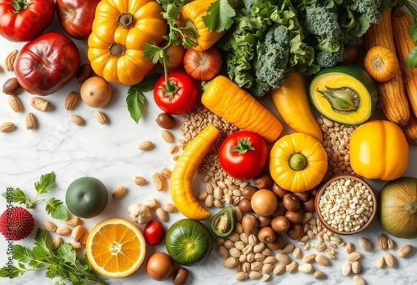 Fototapeta Vibrant fruits, vegetables, nuts, and grains arranged on a marble surface,  stock photo,  vitamins