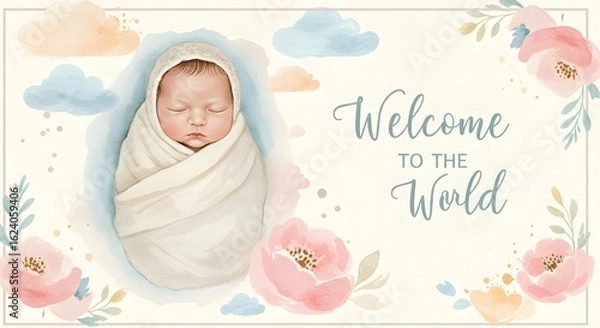 Fototapeta Sweet "Welcome to the World" card with a watercolor sleeping newborn and soft floral elements.