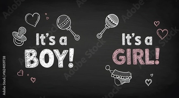 Fototapeta Gender reveal chalkboard design with "It's a Boy!" and "It's a Girl!" text and cute, simple baby doodles.