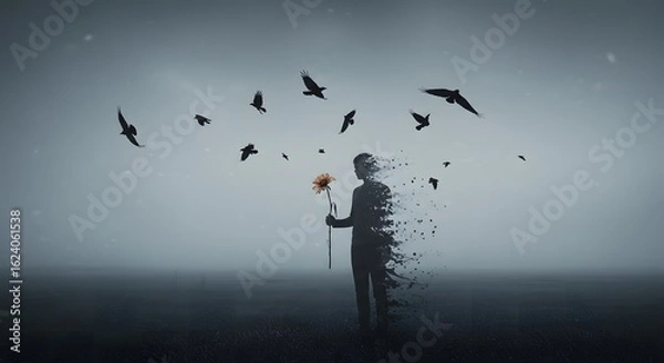 Fototapeta A person holding a wilted flower is shown disintegrating into a flock of crows, illustrating the themes of loss, memory, and fading away.