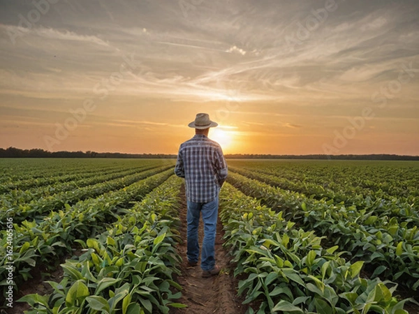Fototapeta Farmer in a straw hat walking through a verdant crop field at a beautiful golden sunset