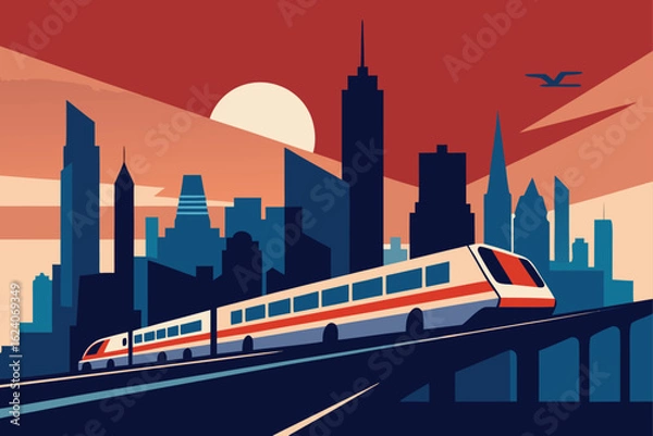 Fototapeta cityscape-with-cta-elevated-train-and-skyline--.eps
