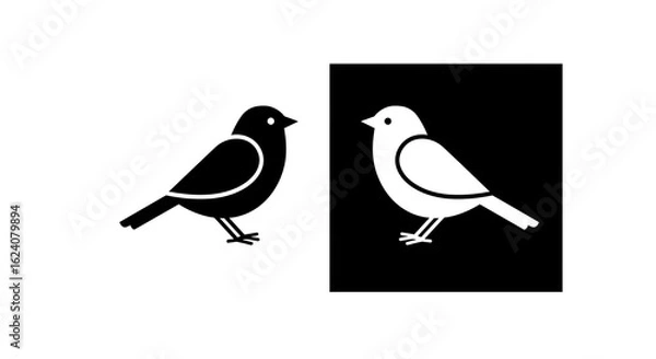Obraz Simple bird icon set with black and white silhouettes. Minimalist vector illustration of a small songbird for graphic design.