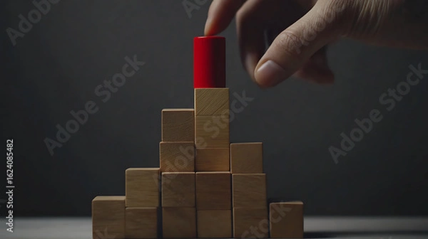 Fototapeta Hand Placing Red Cylinder on Wooden Block Pyramid