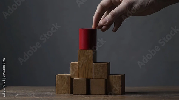 Fototapeta Hand Placing Red Cylinder on Wooden Block Pyramid