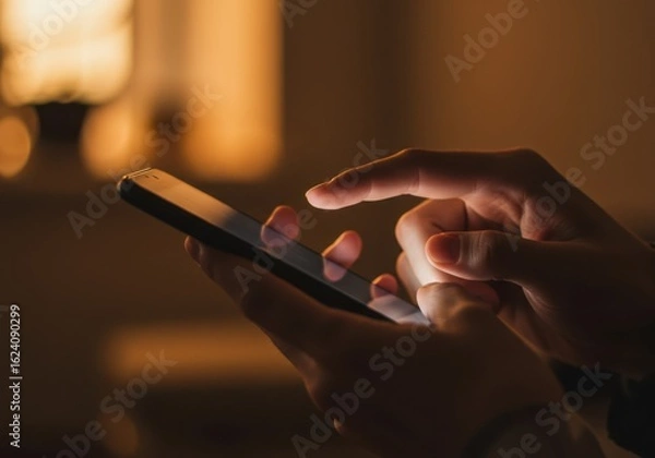 Fototapeta Close up of hands using a smartphone in a dimly lit room with warm ambient lighting
