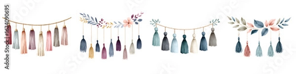 Fototapeta Watercolor Tassel Garlands Set: Boho Chic Home Decor on White