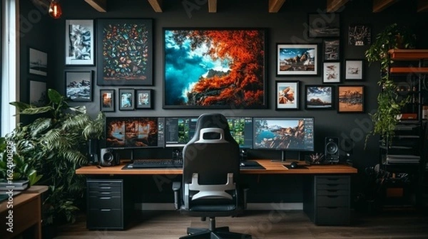 Fototapeta Dark, modern home office with multiple monitors, framed artwork, and plants