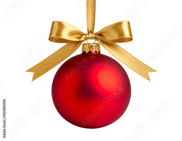 Fototapeta Red Christmas Bauble with Gold Bow Reflected on Glossy Surface, Elegant Grounded Composition
