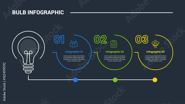 Fototapeta bulb creative idea solution infographic process diagram with bulb and open circle on horizontal timeline with dark background bright outline style 3 points
