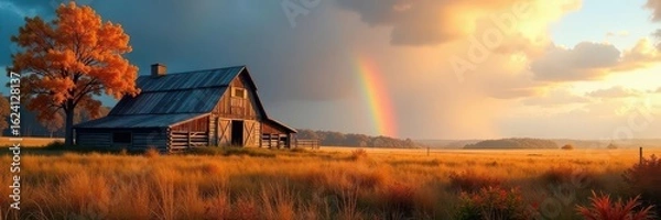 Fototapeta Rustic barn cabin nestled in autumnal field, vibrant rainbow overhead, tranquil, design, barn