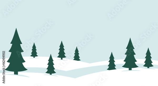 Fototapeta Minimalist Winter Landscape with Evergreen Trees and Snow Covered Hills