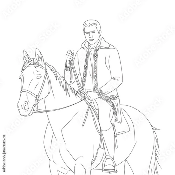 Fototapeta ‎A line art A A man sits on a horse with a whip. illustration of a coloring