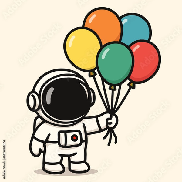 Fototapeta Illustration of a charming astronaut in a spacesuit joyfully holds a bunch of colorful balloons, creating a whimsical and celebratory atmosphere, perfect for childrens illustrations and