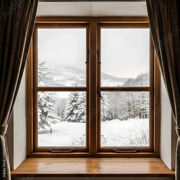 Fototapeta Winter Wonderland through the window: A captivating scene unfolds as a window frames a picturesque winter landscape, where snow-covered trees and rolling hills create a serene atmosphere. 