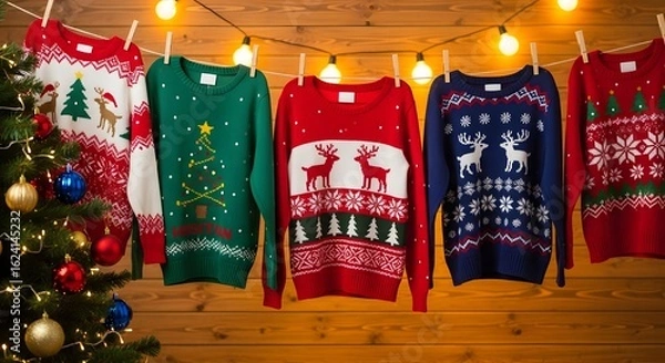 Obraz Flat lay of colorful National Ugly Christmas Sweater Day decorations