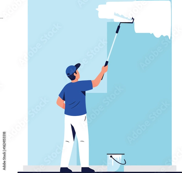 Fototapeta Man painting a wall with a roller and paint bucket.