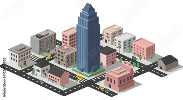 Fototapeta Isometric urban landscape showcasing a modern city with tall buildings and busy streets creating a vibrant scene capturing architectural harmony