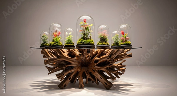 Fototapeta Terrariums on a Root Wood Table, Elegant Home Decor