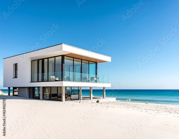 Fototapeta Modern white beachfront house on stilts with expansive glass walls, overlooking a tranquil ocean