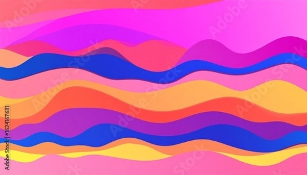Fototapeta Layered waves in pink, orange, yellow, blue, and purple forming a dynamic abstract pattern with vibrant motion
