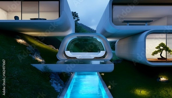 Fototapeta Futuristic architectural dwelling with organic curved forms and integrated swimming pool illuminated by vibrant blue light at twilight