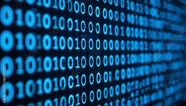 Fototapeta Scrolling Blue Binary Code on Black Computer Screen – Digital Background