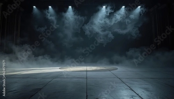 Fototapeta Eerie and mysterious stage background showcasing a round platform illuminated by spotlights amidst rising clouds of mist and a tiled floor