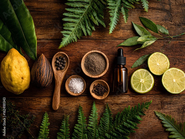 Fototapeta A collection of natural ingredients displayed on wooden surface.