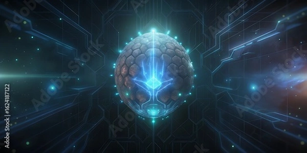Fototapeta Abstract glowing brain symbolizing artificial intelligence and futuristic technology with intricate digital network connections.