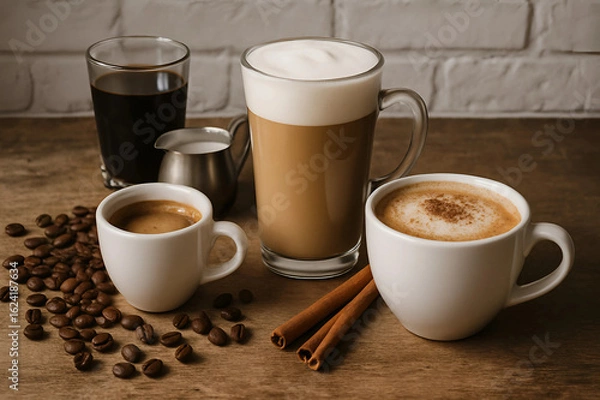 Fototapeta A cozy coffee selection with espresso, latte, cappuccino, and cinnamon on a rustic table