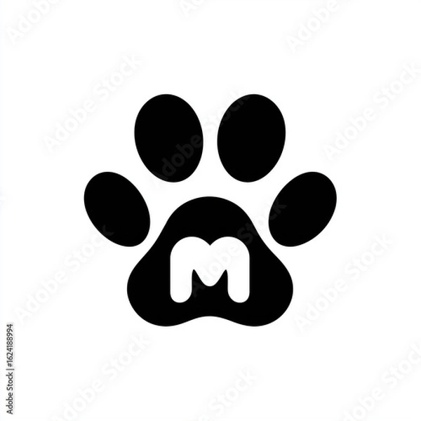 Fototapeta A black paw print with a white letter m inside on a white background icon