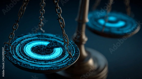 Fototapeta Glowing copyright symbol on scales represents intellectual property law