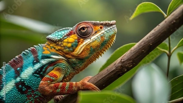 Fototapeta Stunning Macro Shot of a Vibrant Chameleon on a Tree Branch in the Wild
