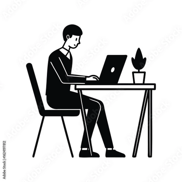 Fototapeta Illustration of person working at a laptop with plant on desk