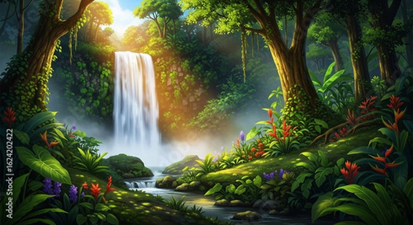 Obraz Mystical Jungle Waterfall in Lush Tropical Forest – Serene Nature Scene with Sunlight and Mist