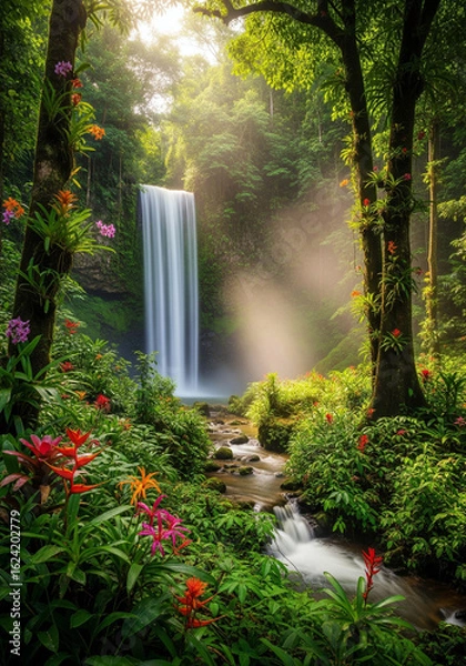 Fototapeta Mystical Jungle Waterfall in Lush Tropical Forest – Serene Nature Scene with Sunlight and Mist
